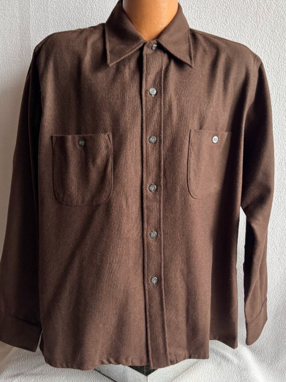 1950s 1960s Brown Wool Blend Long Sleeve Rockabilly Shirt